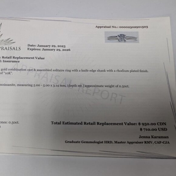 10K White Gold 1.17G Moissanite 0.5Ct Ring (~Size 7) - Picture 3 of 3